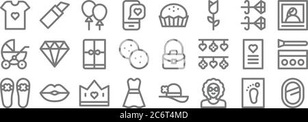 Muttertag Linie Symbole. Lineare Satz. Qualität Vektor-Linie Set wie Spiegel, Großmutter, Kleid, Hausschuhe, Grußkarte, Buch, Foto, Bonbon, Lippe Stock Vektor
