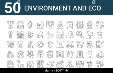 Set von 50 Umwelt-und Öko-Symbole. Skizzieren dünne Linie Symbole wie Bio-Energie, Bauernhof, Blatt, Solaranlage, Öko-Haus, Baum, Delphin Stock Vektor