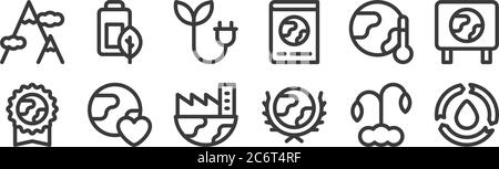 12 Satz von linearen Mutter Erde Tag Symbole. Dünne Umrisse Symbole wie Recycling, Planet, Erde, globale Erwärmung, Energie, Batterie für Web, mobil Stock Vektor
