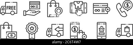 12 Satz von linearen Online-Shopping-Icons. Dünne Umrisse Symbole wie Lieferwagen, Einkaufstasche, Abzeichen, hinzufügen, Einkaufstasche, Hand für Web, mobil Stock Vektor