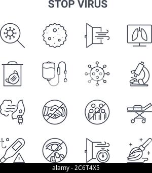 Satz von 16 Stop Virus Concept Vektorlinien-Symbolen. 64x64 dünne Schlaganfall-Symbole wie Keim, medizinische Maske, Mikroskop, Sammlung, Auge, Mopp, Fenster, Virus, lu Stock Vektor