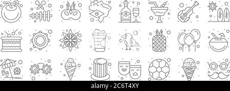 brasilianische Karneval Linie Symbole. Lineare Set. Qualität Vektor-Linie Set wie Karneval Maske, Fußball, Zauberhut, Strand, Luftballons, Sonnenblume, Strand, alco Stock Vektor