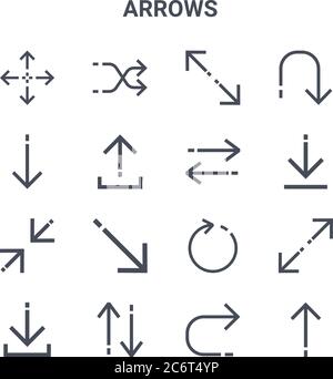 Satz von 16 Pfeilen Konzept Vektorlinien Symbole. 64x64 dünne Strichsymbole wie Shuffle-Pfeile, Abwärtspfeil, Download, Aktualisieren, Aufwärtspfeil, Aufwärtspfeil, Zurückgeben Stock Vektor