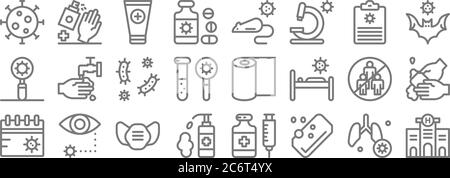 Coronavirus Linie Symbole. Lineare Satz. Qualität Vektor Linie Set wie Krankenhaus, Seife, Hygiene, Kalender, vermeiden Menschenmengen, Krankheit, Fledermaus, Fledermaus, Desinfektionsmittel Stock Vektor