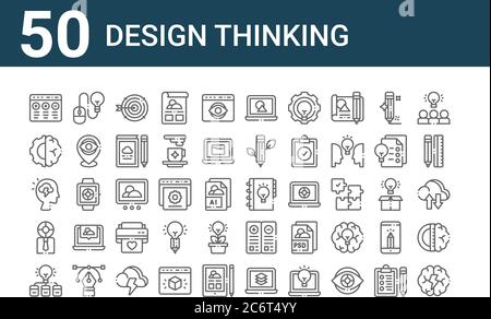 Set von 50 Design-Denksymbole. Skizzieren dünne Linie Symbole wie Gehirn, Glühbirne, Benutzer, Kopf, Gehirn, Maus, Glühbirne Stock Vektor