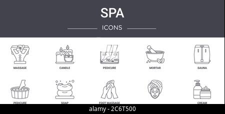 Spa Konzept Linie Icons Set. Enthält Symbole für Web, Logo, ui / ux wie Kerze, Mörtel, Pediküre, Fußmassage, , Creme, Sauna, Pediküre Stock Vektor