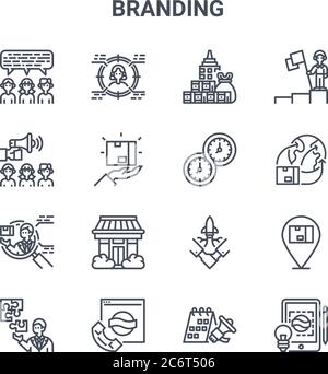 Satz von 16 Branding-Konzept Vektorlinien-Symbole. 64x64 dünne Striche Symbole wie Ziel, Werbung, Vertrieb, Partner, Kontakt, kreativ, Kampagne, l Stock Vektor