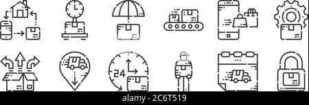 12 Satz von linearen Lieferung Symbole. Dünne Umrisse Symbole wie Paket, Lieferer, Lieferwagen, Einkaufstasche, Versicherung, Waage für Web, Mo Stock Vektor