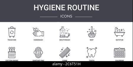 Hygiene Routine Konzept Linie Symbole Set. Enthält Symbole für Web, Logo, ui/ux wie Handwäsche, Mopp, Wattestäbchen, Kamm, Zahn, Kalender, Badewanne Stock Vektor