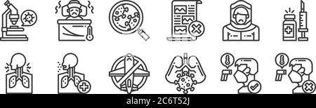 12 Satz von linearen Coronavirus-Symbole. Dünne Umrisssymbole wie infiziert, Lunge, Husten, Schutzkleidung, Forschung, kranker Junge für Web, mobil Stock Vektor