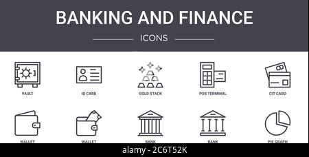 Bank- und Finanzkonzept-Linie Symbole gesetzt. Enthält Symbole für Web, Logo, ui/ux wie id-Karte, POS-Terminal, Brieftasche, Bank, Bank, Tortendiagramm, c Stock Vektor