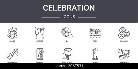 Celebration Concept Line Icons Set. Enthält Icons, die für Web, Logo, ui/ux wie Cheers, Pool, Champagner, Weinglas, Kerze, Girlanden, Billard verwendbar sind Stock Vektor