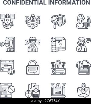 Satz von 16 Vektorlinien-Symbolen für vertrauliche Informationen. 64x64 Thin Stroke-Symbole wie Datenbanksicherheit, geheime Nachricht, vertraulich, Passwort Stock Vektor