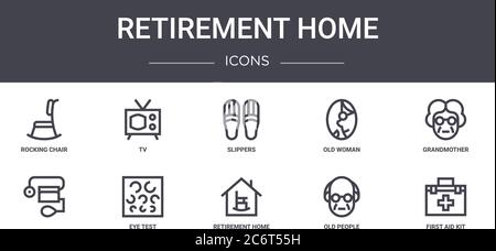 Retirement Home Konzept Linie Symbole Set. Enthält Symbole für Web, Logo, ui / ux wie tv, alte Frau, , Altersheim, alte Menschen, erste-Hilfe-Kit Stock Vektor