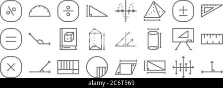 Mathematik Linie Symbole. Lineare Satz. Qualität Vektor Linie Satz wie rechtwinklig, rechteckig, Kreis, Multiplikation, Whiteboard, Buch, Lineal, Kurve, Stock Vektor