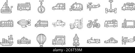 Fahrzeuge transportiert Liniensymbole. Lineare Menge. Qualität Vektor-Linie Satz wie Flugzeug, Cabrio, Lebensmittel-LKW, Frachtschiff, Minibus, Krankenwagen, Lebensmittel tr Stock Vektor