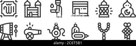 12 Satz von linearen ramadan-Icons. Dünne Umrisse Symbole wie Diamant, Daten, Kanone, Laterne, Gebetswaschung, Mecca für Web, mobile Stock Vektor