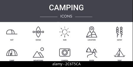 Camping Konzept Linie Symbole Set. Enthält Symbole für Web, Logo, ui/ux wie Kajak, Lage, Camp, Kamera, Fluss, Zelt, Satay, Sonne Stock Vektor