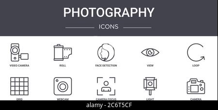 Fotografie Konzept Linie Symbole Set. Enthält Symbole für Web, Logo, ui / ux wie Rollen, Ansicht, Raster, Kamera Fokus, Licht, Kamera, Schleife, Gesicht detec Stock Vektor