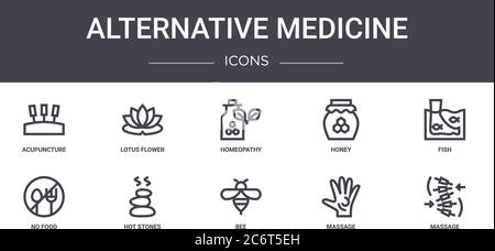 Alternative Medizin Konzept Linie Symbole Set. Enthält Symbole für Web, Logo, ui / ux wie Lotusblume, Honig, kein Essen, Biene, Massage, Massage, f Stock Vektor