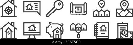 12 Satz von linearen Immobilien-Symbole. Dünne Umrisssymbole wie Wohnung, Haus, Suche, Ort, Schlüssel, Chat für Web, mobil Stock Vektor