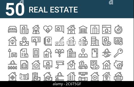 Set von 50 Immobilien-Icons. Skizzieren dünne Linie Symbole wie verkauft, Ziel, Hinterhof, Wohnzimmer, Sicherheit, neue, Berechnungen Stock Vektor