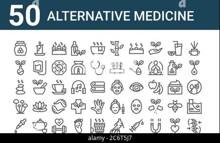 Set von 50 Symbole für alternative Medizin. Skizzieren dünne Linie Symbole wie Massage, Pipette, Pilze, heiße Steine, Kräuter, Kerze, Hautpflege Stock Vektor