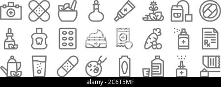 Medizin Linie Symbole. Lineare Satz. Qualität Vektor-Linie Set wie Protein-Shake, Mischung, orale Impfstoff, Kräutertee, Aerosol, Pillen, Schmerzmittel, Salbe Stock Vektor