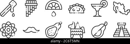 12 Satz von linearen mexiko-Symbole. Dünne Umrisse Symbole wie kukulkan, pi?ata, Schnurrbart, margarita, Limette, zampona für Web, mobile Stock Vektor