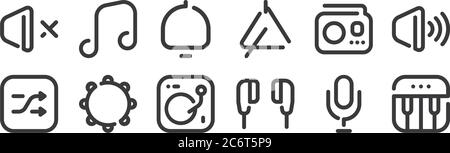 12 Satz von linearen Sound-Symbole. Dünne Umrisssymbole wie Klavier, Kopfhörer, Tamburin, Radio, Benachrichtigung, Musiknote für Web, Handy Stock Vektor