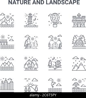 Set von 16 Natur- und Landschaftskonzept Vektorlinien-Symbole. 64x64 dünne Strichikonen wie Leuchtturm, Damm, Haus, Landhaus, Sonnenaufgang, Strand, dolph Stock Vektor