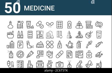 Set von 50 Medizin-Symbole. Skizzieren dünne Linie Symbole wie Impfstoffe, iv-Beutel, Aerosol, Mischung, ayurvedische, Sirup, Augentropfen Stock Vektor