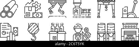 12 Satz von linearen industriellen Prozess-Icons. Dünne Umrisssymbole wie Lager, Ingenieur, Haken, Kran, Montage, Produktion für Web, mobil Stock Vektor