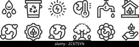 12 Satz von linearen Mutter Erde Tag Symbole. Dünne Umrisse Symbole wie Ökologie, Baum, nachhaltig, Wasser sparen, Solarenergie, Papierkorb für Web, mobil Stock Vektor