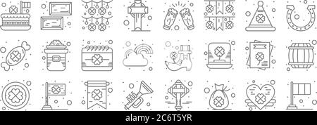 saint patrick Linie Symbole. Lineare Set. Qualität Vektor-Linie Set wie Flagge, Tasche, Horn, irland, Einladung, Kalender, Hufeisen, Feier, Gold Stock Vektor
