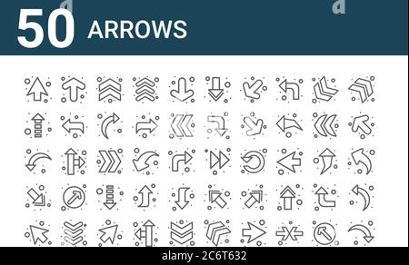 Set von 50 Pfeilsymbolen. Umreißen dünne Linien Symbole wie , links abbiegen, nach unten links Pfeil, nach oben Pfeil, nach oben Pfeil, schneller Vorlauf, nach unten rechts Chevron, nach oben Stock Vektor