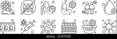 12 Satz von linearen Coronavirus-Symbole. Dünne Umrisssymbole wie Virus, Reagenzglas, Spritze, Ausbreitung, Lunge, keine Gruppe für Web, mobil Stock Vektor