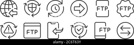 12 Satz von linearen Datentransfer-Symbole. Dünne Umrisssymbole wie Übertragung, Sicherheit, Browser, Datei, Warteschlange, sicher für Web, mobil Stock Vektor