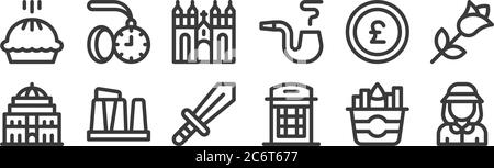 12 Satz von linearen england-Symbole. Dünne Umrisse Symbole wie Dame, Telefonbox, stonehenge, Pfund, westminster, Taschenuhr für Web, Handy Stock Vektor
