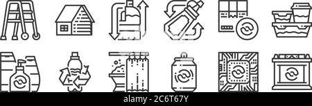 12 Satz von linearen Recycling-Icons. Dünne Umrisssymbole wie Batterien, Softdrinks können, Wasserflasche, Karton, Milchflasche, Haus für Web, mobil Stock Vektor