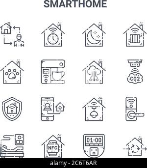 Satz von 16 smarthome Concept Vektorlinien-Symbolen. 64x64 dünne Strichsymbole wie Timer, Tierpflege, Sensor, Lichtsteuerung, nfc, Belüftung, Timer, Wolke, Stock Vektor