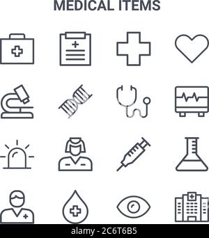 Satz von 16 medizinischen Artikeln Konzept Vektor-Linien-Symbole. 64x64 dünne Schlaganfallsymbole wie Daten, Mikroskop, ekg, Injektion, Blut, Krankenhaus, Auge, Stethoskop Stock Vektor