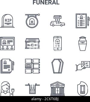 Set von 16 Bestattungskonzept Vektor-Linie Symbole. 64x64 dünne Strichikonen wie Beerdigung, Beerdigung, Asche, Sarg, Grab, Einäscherung, Mausoleum, Stock Vektor