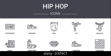 Hip Hop Konzept Linie Icons Set. Enthält Symbole für Web, Logo, ui / ux wie Sneakers, Uzi, Geld, Gold Zähne, Turnschuhe, Launchpad, Halskette, ri Stock Vektor