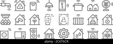 smarthome Linie Symbole. Lineare Satz. Qualität Vektor-Linie Satz wie Solarpanel, Luftbefeuchter, Garage, Stecker in, Auto, Anlage, Ventilator, Smart Key, Gefahr Stock Vektor