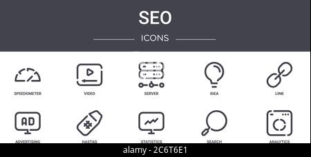 seo Konzept Linie Symbole gesetzt. Enthält Symbole für Web, Logo, ui / ux wie Video, Idee, Werbung, Statistik, Suche, Analyse, Link, Server Stock Vektor
