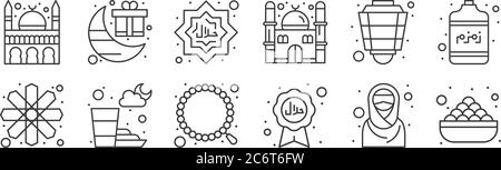 12 Satz von linearen islam und ramadan-Symbole. Dünne Umrisse Symbole wie Lebensmittel, Halal, ramadan, Laterne, Halal, Geschenk für Web, mobil Stock Vektor