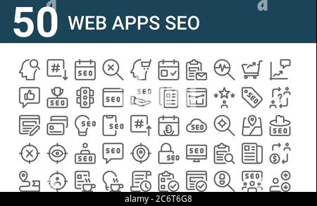 Set von 50 Web-Apps seo-Symbole. Umriss dünne Linie Symbole wie Multi-Line, Navigation, gekreuzt, bearbeiten, Social Media, Pfeil nach unten, Ereignis Stock Vektor