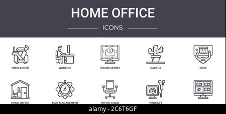 Home Office Konzept Linie Symbole Set. Enthält Symbole für Web, Logo, ui / ux wie Arbeiten, Kaktus, Home Office, Bürostuhl, Podcast, Schreibtisch, auf Stock Vektor