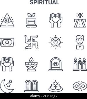 Set von 16 spirituellen Konzept Vektor-Linien-Symbole. 64x64 dünne Strichikonen wie Tee, beten, Priester, Fenster, Gebot, unendlich, Lotus, Auge, Straße Stock Vektor